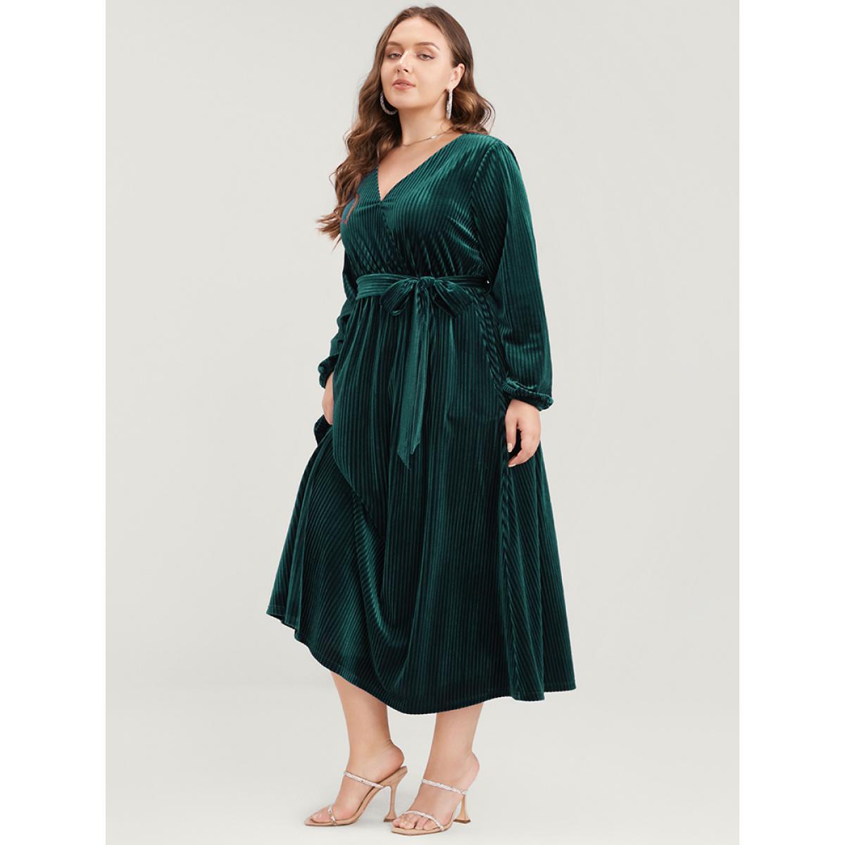 Plus Size Striped Velvet Pocket Lantern Sleeve Belted Wrap Dress DarkGreen Women Glamour Pocket V-neck Long Sleeve Curvy Midi Dress BloomChic 12/L Product Image