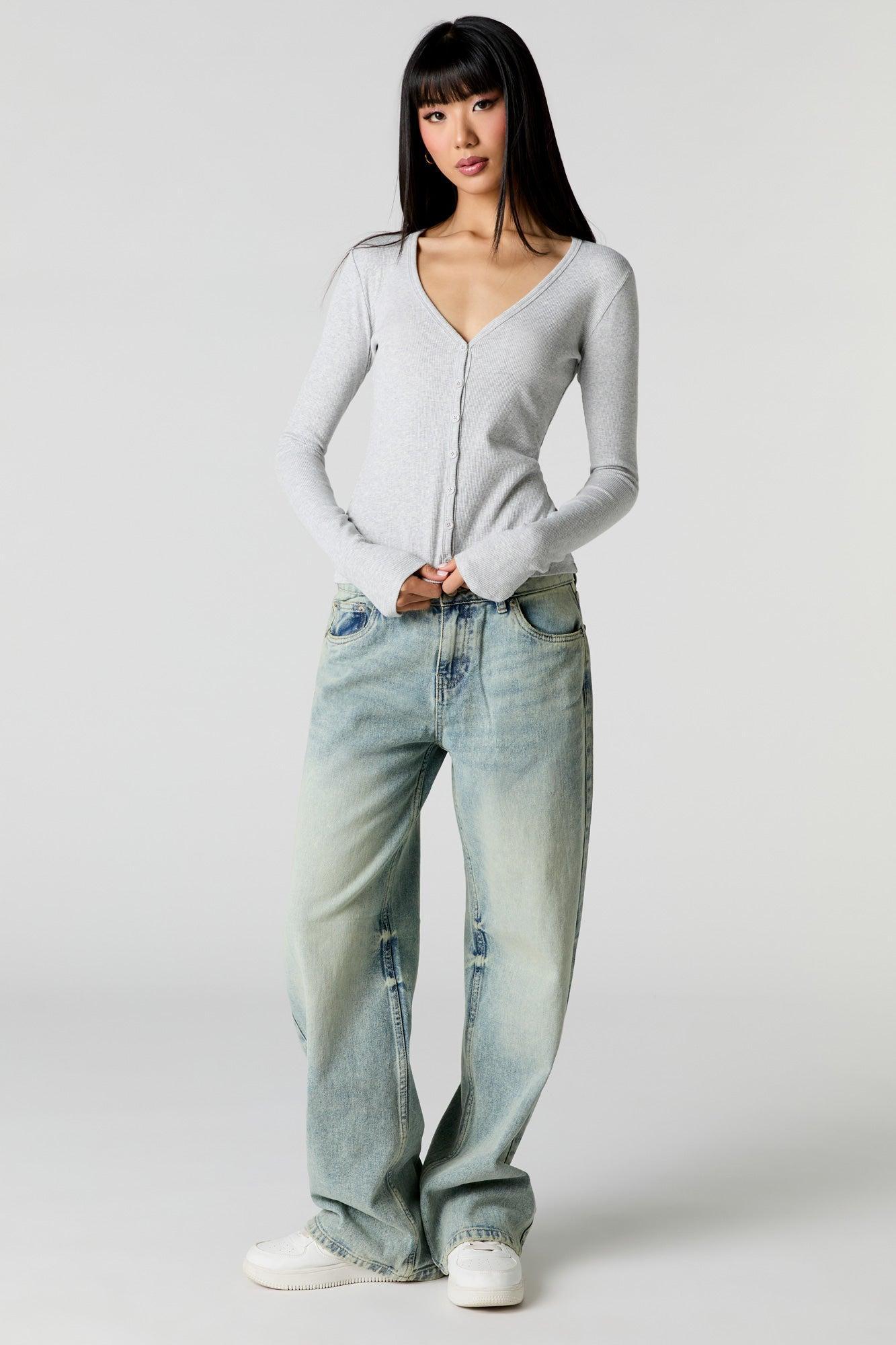 Ribbed V-Neck Button-Up Top Female Product Image