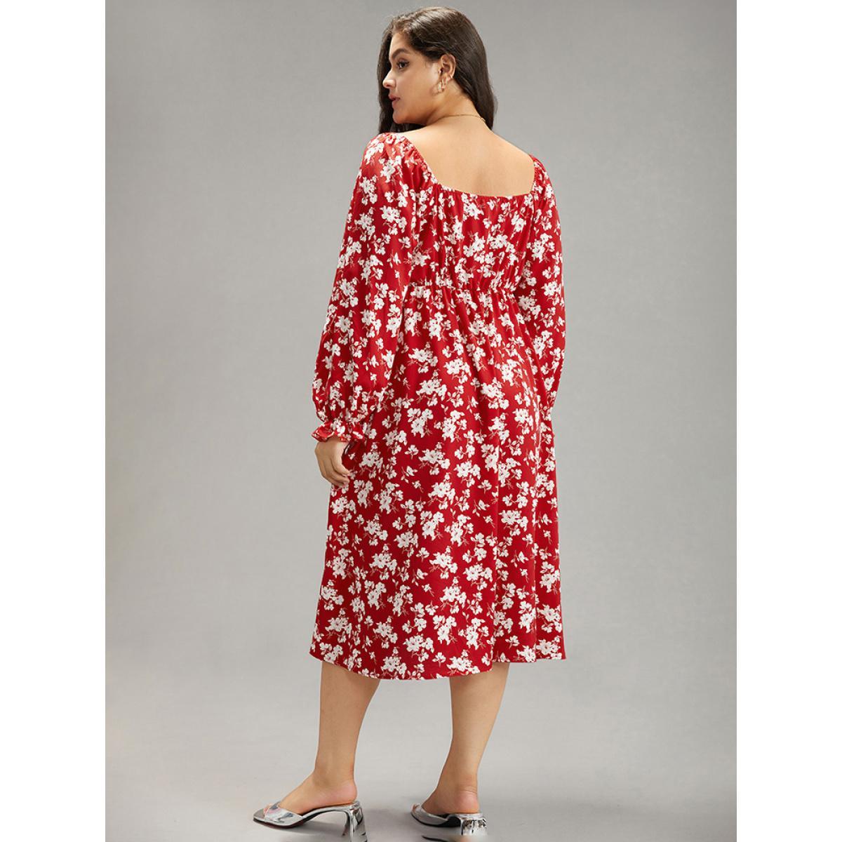 Plus Size Silhouette Floral Print Ties Lantern Sleeve Dress Crimson Women Elegant Gathered Square Neck Long Sleeve Curvy Midi Dress BloomChic 14-16/1X Product Image