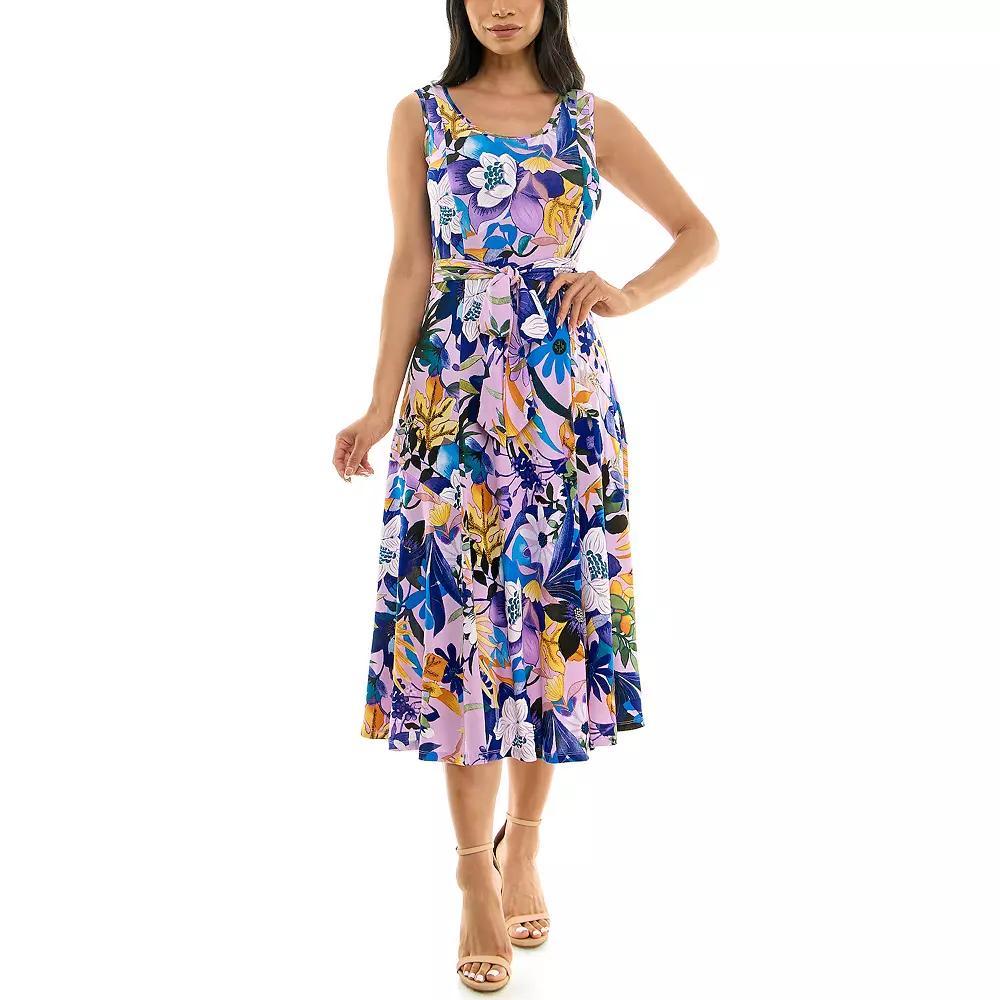Women's Nina Leonard Belted Sleeveless Print Midi Dress, Size: XL, Brown Team Product Image