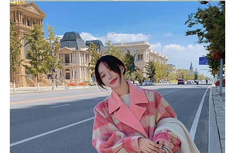 Lapel Collar Plaid Tie Waist Long Coat Product Image