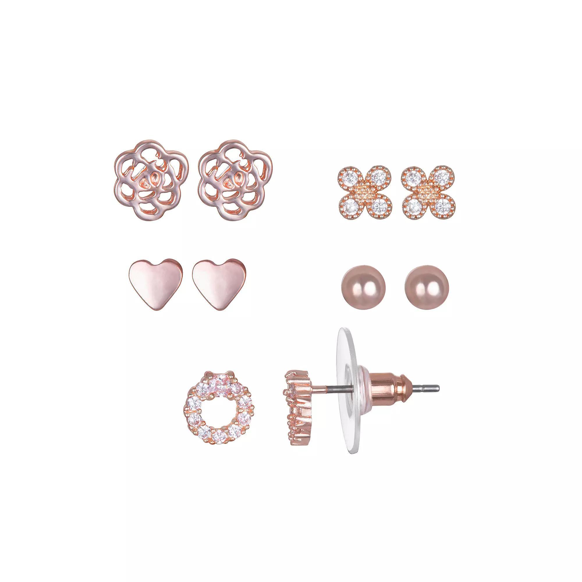 LC Lauren Conrad Cubic Zirconia Heart & Flower Nickel Free Stud Earring Set, Women's, Clear Product Image