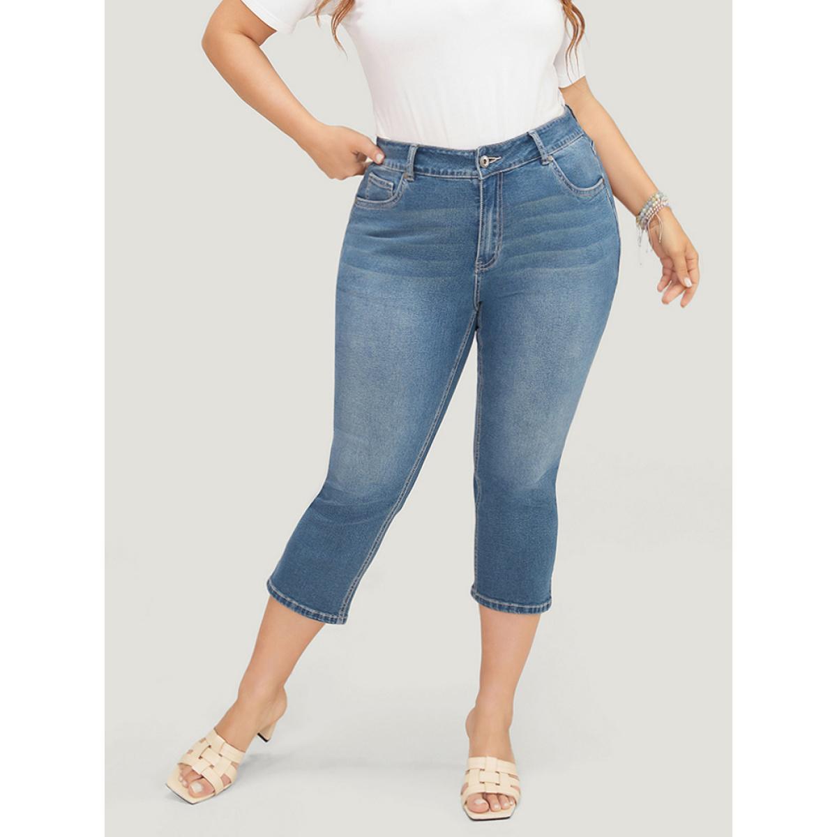 Plus Size Skinny Very Stretchy High Rise Medium Wash Cropped Jeans Women Indigo Casual Plain High stretch Side seam pocket Jeans BloomChic 10/M Product Image