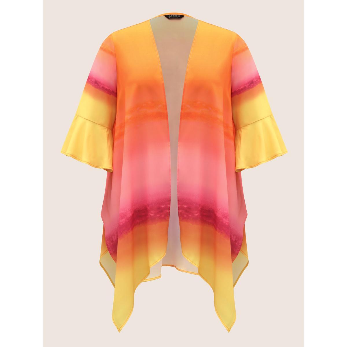 Plus Size Ombre Ruffle Sleeve Asymmetrical Hem Kimono Women Lemonyellow Resort Contrast Vacation Kimonos BloomChic 14-16/1X Product Image