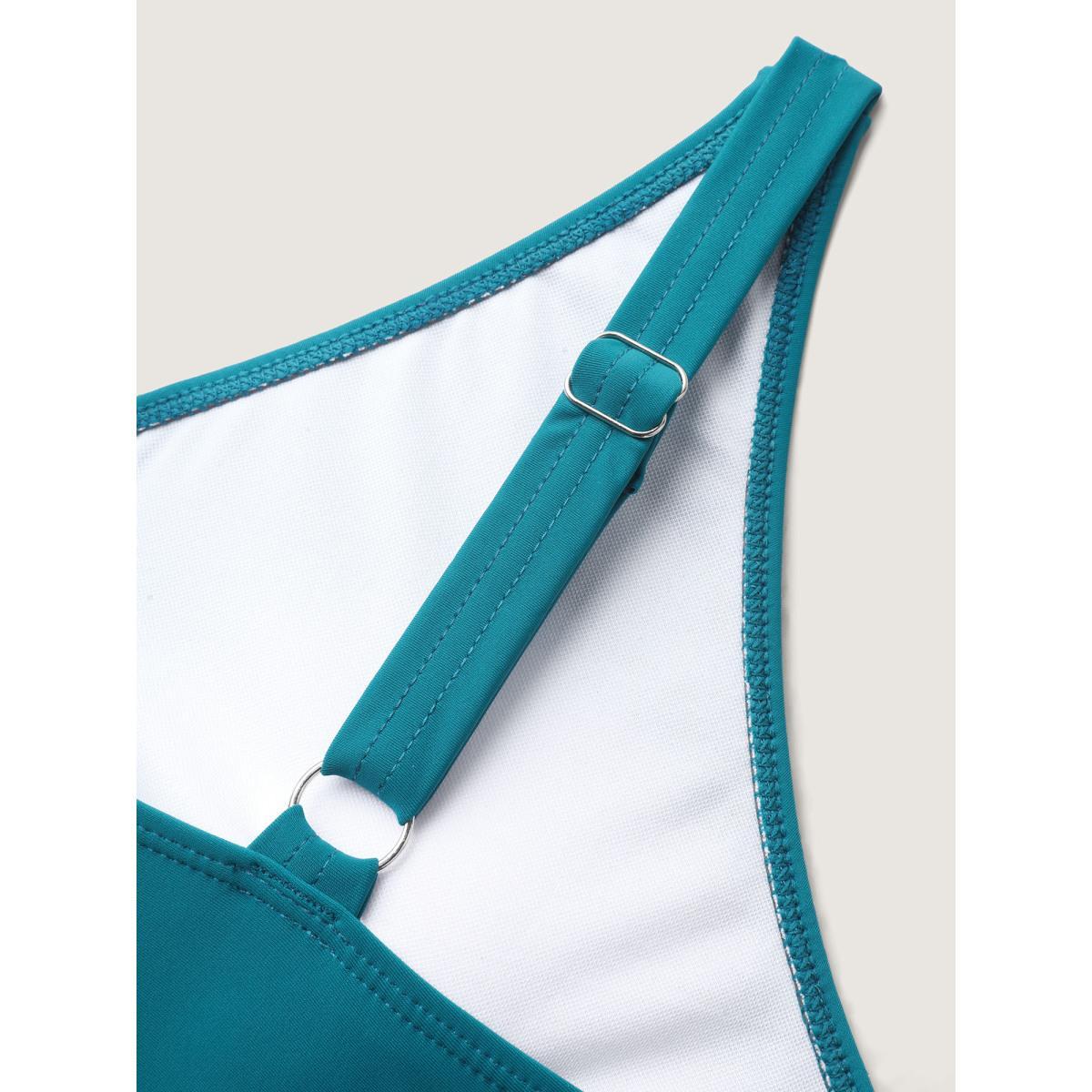 Plus Size Color Block Ruffled Hem Swim Dress Women's Swimwear Teal Beach Bodycon Overlap Collar High stretch Curve Swim Dresses BloomChic 26/4X Product Image