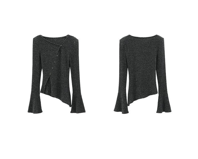 Flared-Sleeve V-Neck Plain Side-Slit Ribbed Knit Top Product Image