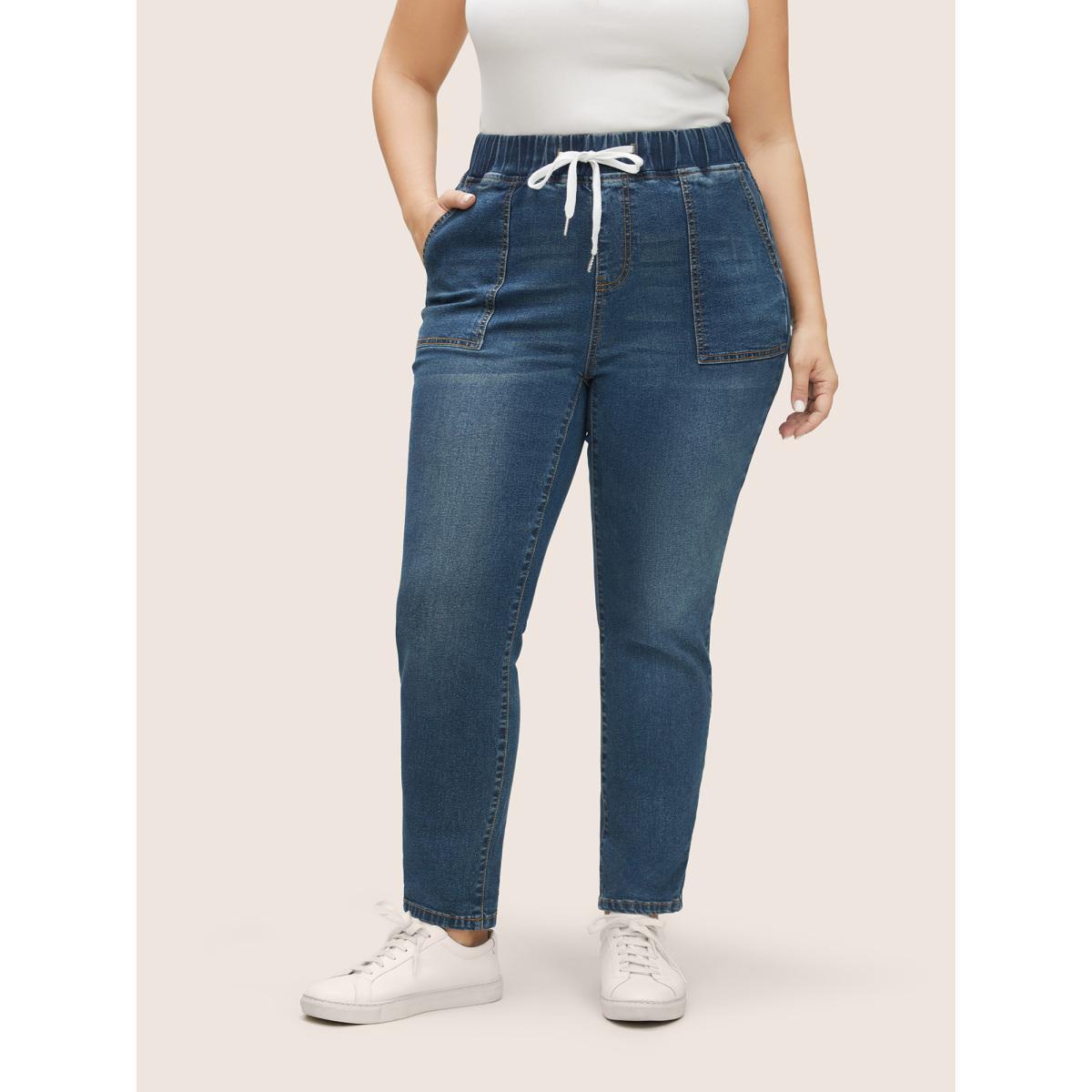 Plus Size Drawstring Elastic Waist Roll Hem Jeans Women DarkBlue Casual Plain Drawstring High stretch Slanted pocket Jeans BloomChic 12/L Product Image