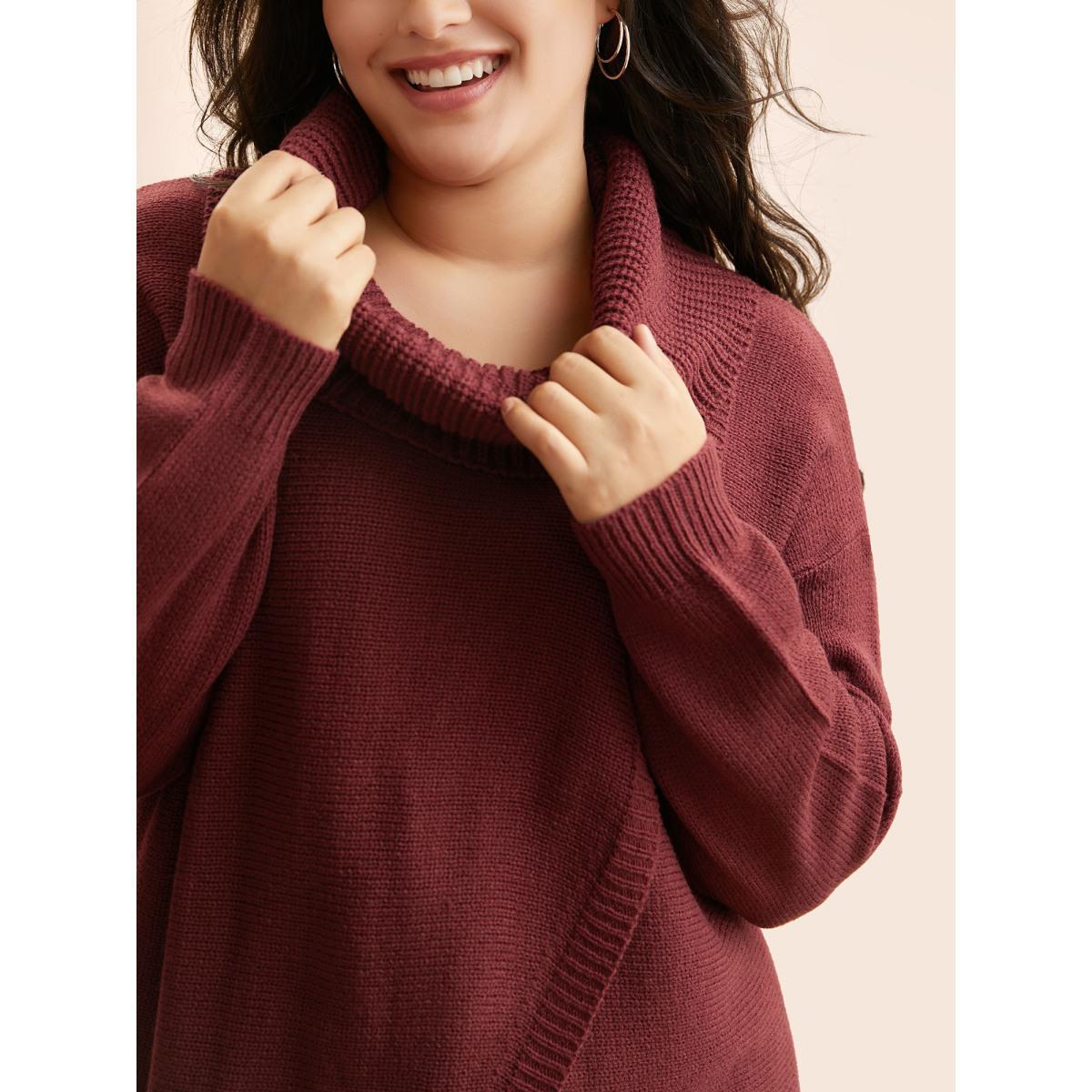 Plus Size Texture Turtleneck Slit Front Pullover Deepred Women Casual Long Sleeve Turtleneck Everyday Pullovers BloomChic 18-20/2X Product Image