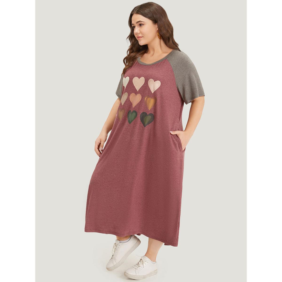 Plus Size Supersoft Essentials Heart Print Round Neck Raglan Sleeve Dress Burgundy Women Casual Printed Curvy Midi Dress BloomChic 12/L Product Image