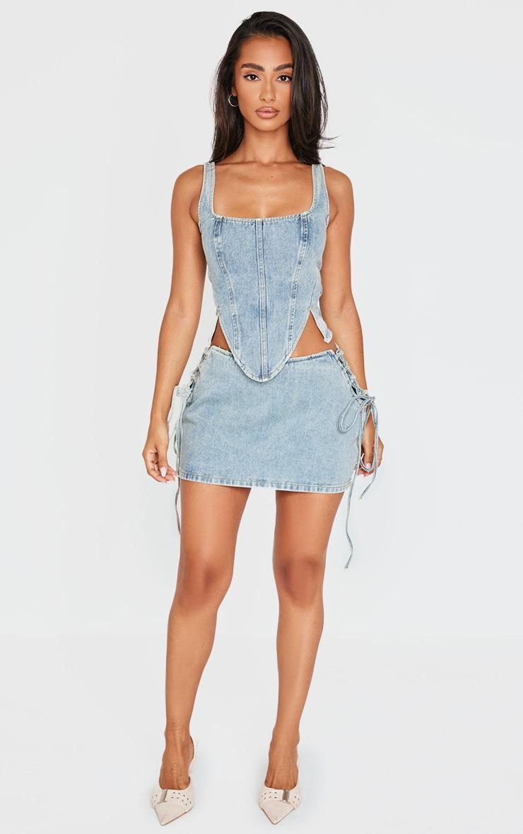 Petite Vintage Wash Denim Lace Up Corset Top Product Image