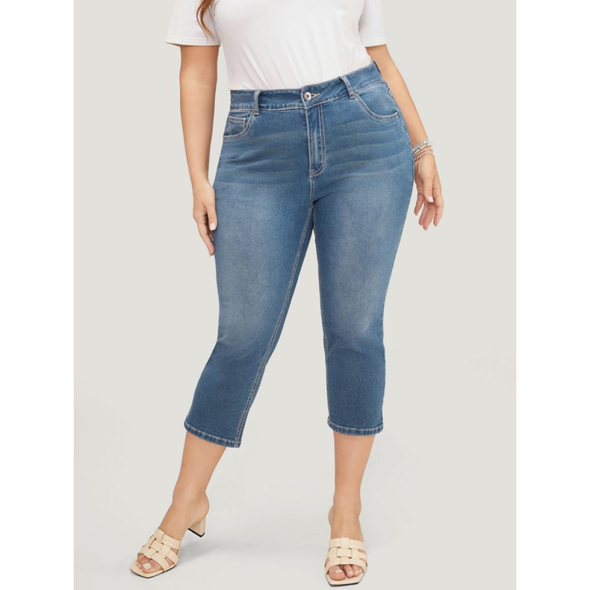 Plus Size Skinny Very Stretchy High Rise Medium Wash Cropped Jeans Women Indigo Casual Plain High stretch Side seam pocket Jeans BloomChic 10/M Product Image
