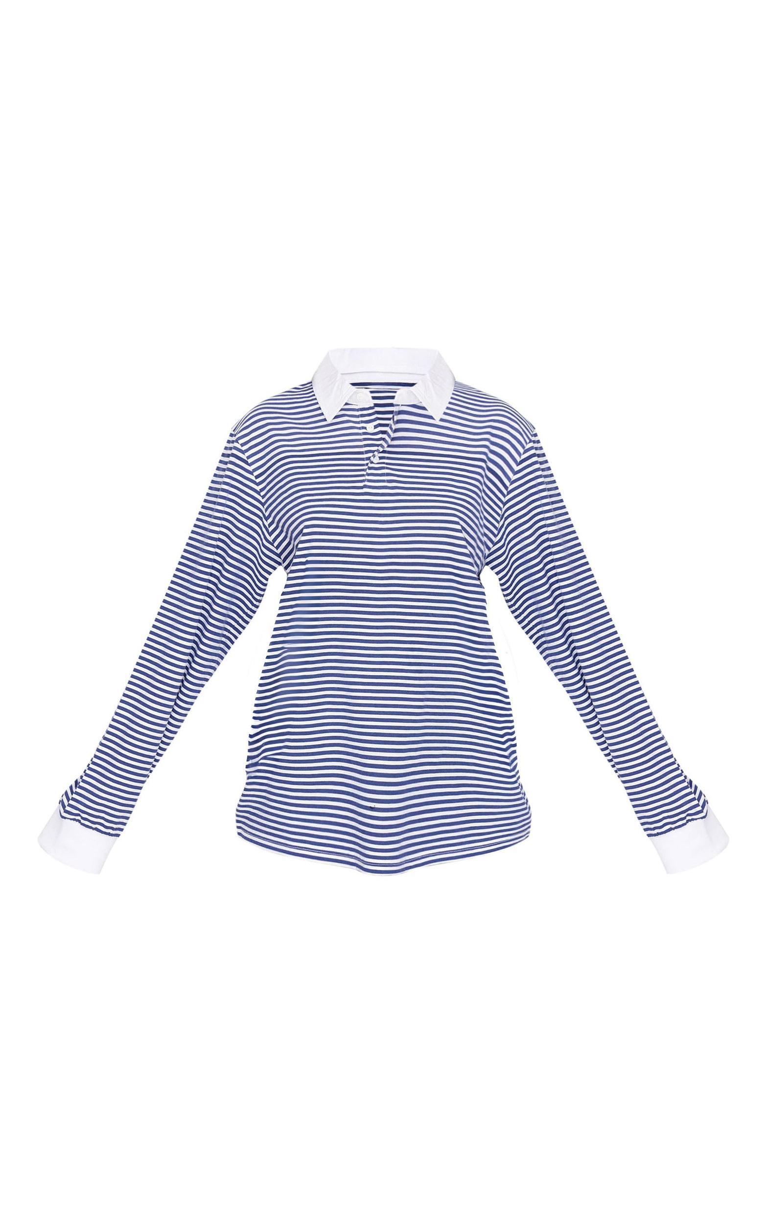 Navy Striped Collared Oversized Long Sleeve T Shirt Product Image