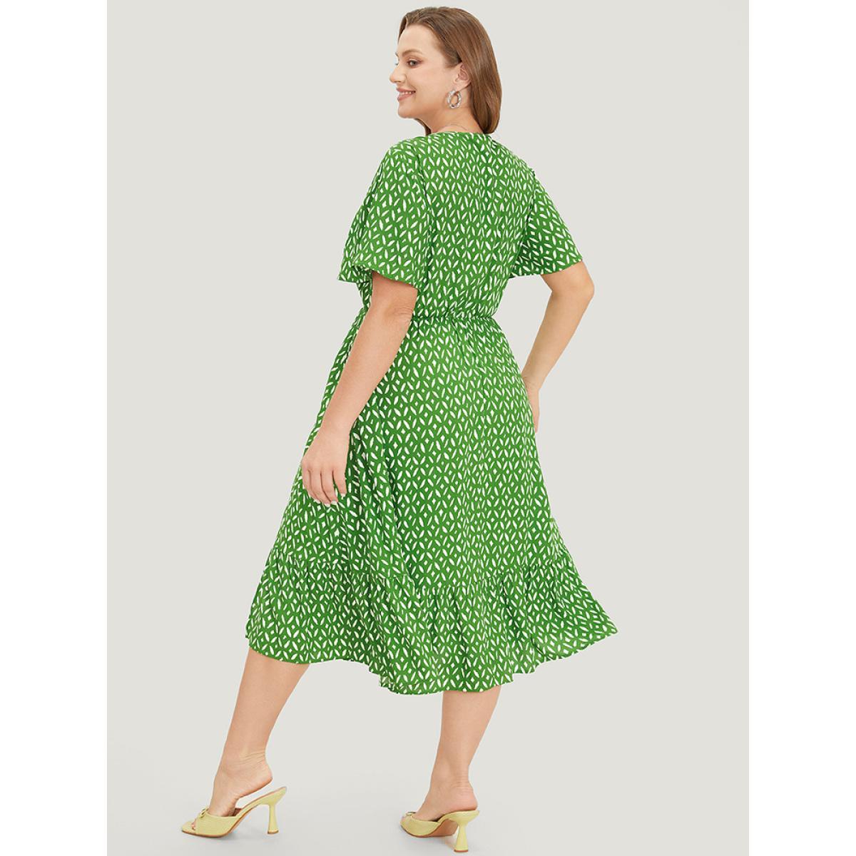 Plus Size Geometric Print Split Knot Reffles Elastic Waist Dress Green Women Elegant Knotted V-neck Short sleeve Curvy Midi Dress BloomChic 28/5X Product Image