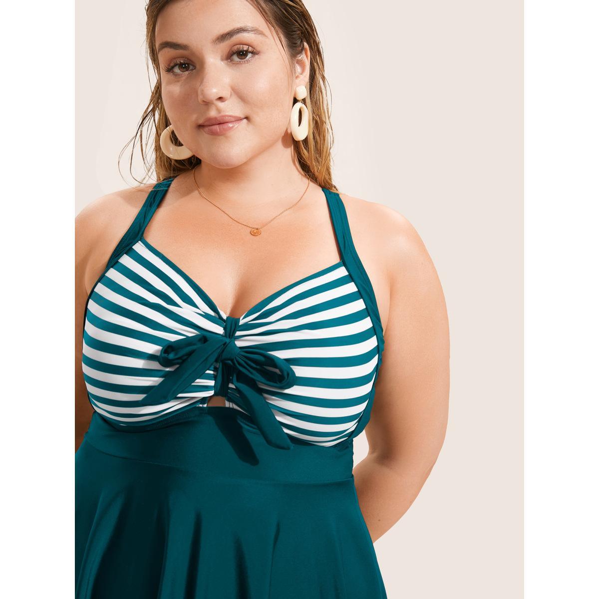 Plus Size Stripes Patchwork Tie Knot Cross Straps Swim Dress Women's Swimwear Teal Beach Bodycon Heart neckline High stretch Curve Swim Dresses BloomChic 18-20/2X Product Image