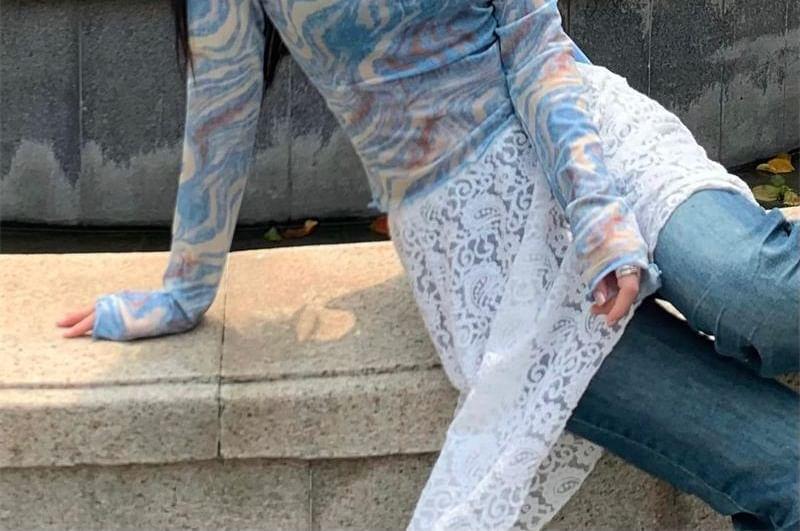 Long Sleeve Mock Neck Patterned Print Mesh Top Product Image