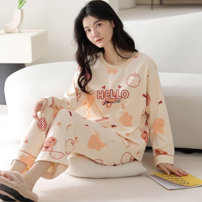 Loungewear Set : Long-Sleeve Rabbit Print Padded T-Shirt + Pants Product Image