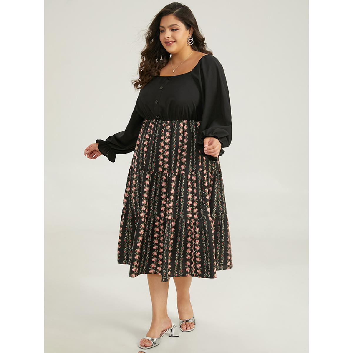 Plus Size Floral Ruffle Layered Hem Square Neck Dress Black Women Office Elastic cuffs Square Neck Long Sleeve Curvy Midi Dress BloomChic 22-24/3X Product Image