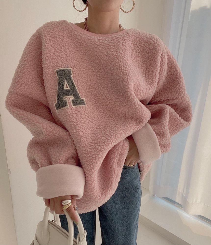 Round Neck Letter Embroidered Faux Shearling Oversized Sweatshirt Product Image