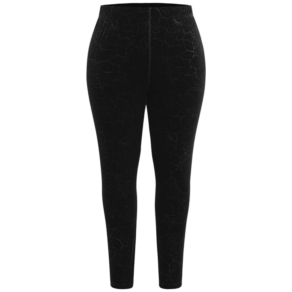 Plus Size Velvet Silhouette Floral Print High Rise Leggings Women Black Elegant High stretch Skinny High Rise Dailywear Leggings BloomChic 10/M Product Image