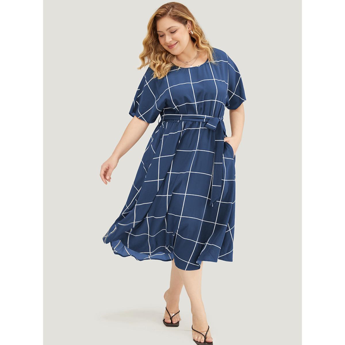 Plus Size Plaid Print Pocket Belted Ruffle Hem Dolman Sleeve Dress DarkBlue Women Office Cross straps Round Neck Short sleeve Curvy Midi Dress BloomChic 10/M Product Image