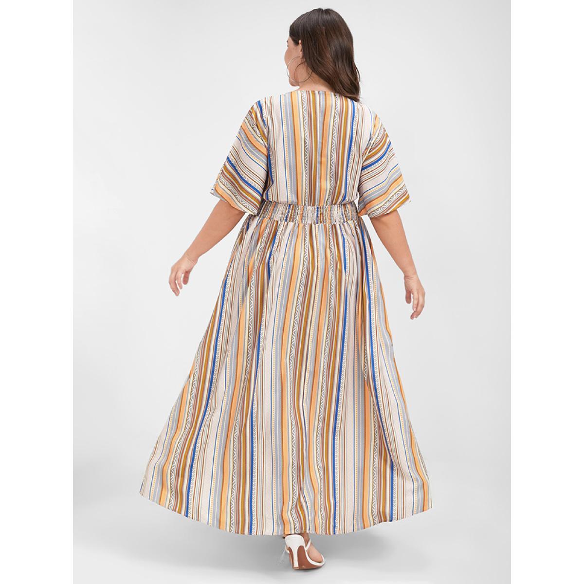Multi Striped Bohemian Print Plus Size Women Maxi Dress Dailywear Elastic Waist Dolman Short Sleeve V Neck Pocket Vacation Dresses Product Image