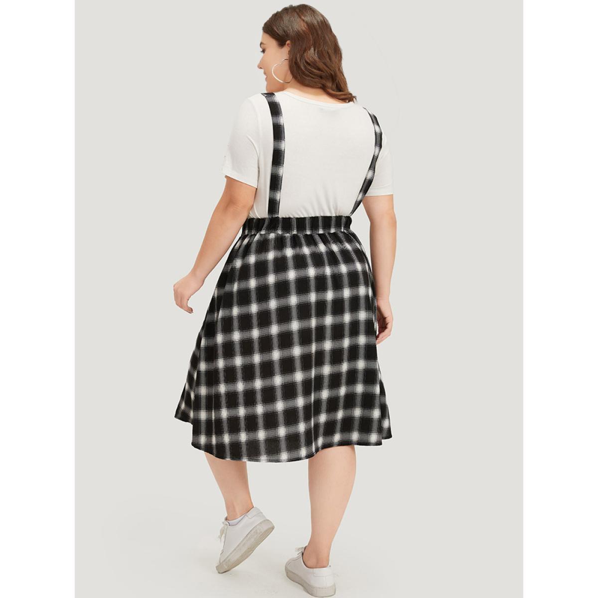 Plus Size Plaid Pocket Elastic Waist Overall Cami Dress Black Women Casual Adjustable Straps Spaghetti Strap Sleeveless Curvy Knee Dress BloomChic 12/L Product Image