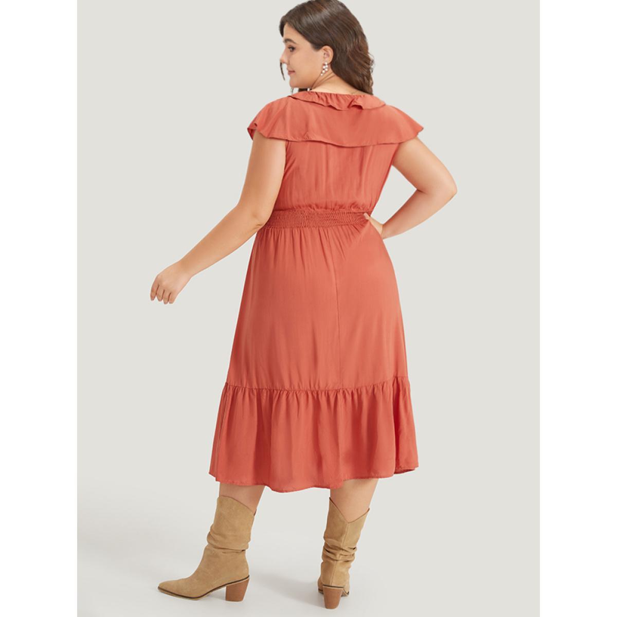 Plus Size Solid Pocket Ruffle Trim Layered Shirred Dress Coral Women Vacation Plain V-neck Sleeveless Curvy Midi Dress BloomChic 28/5X Product Image