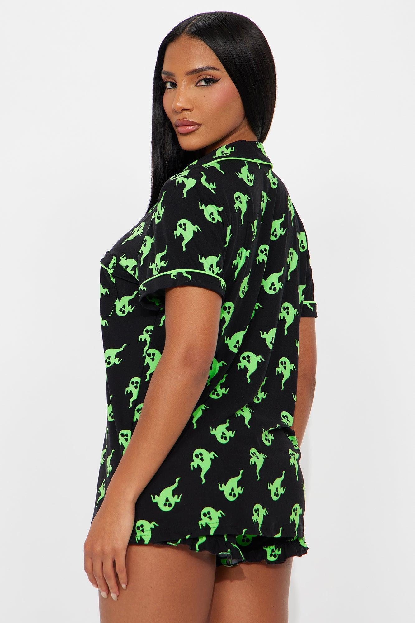 Ghosting You Short Sleeve Halloween PJ Short Set - Black/Green Product Image
