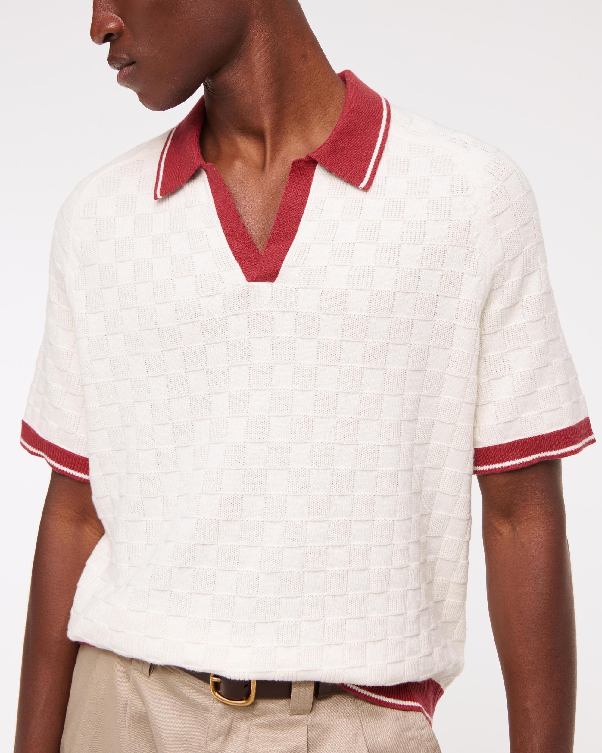 Cropped Checkered Stitch Johnny Collar Sweater Polo Product Image