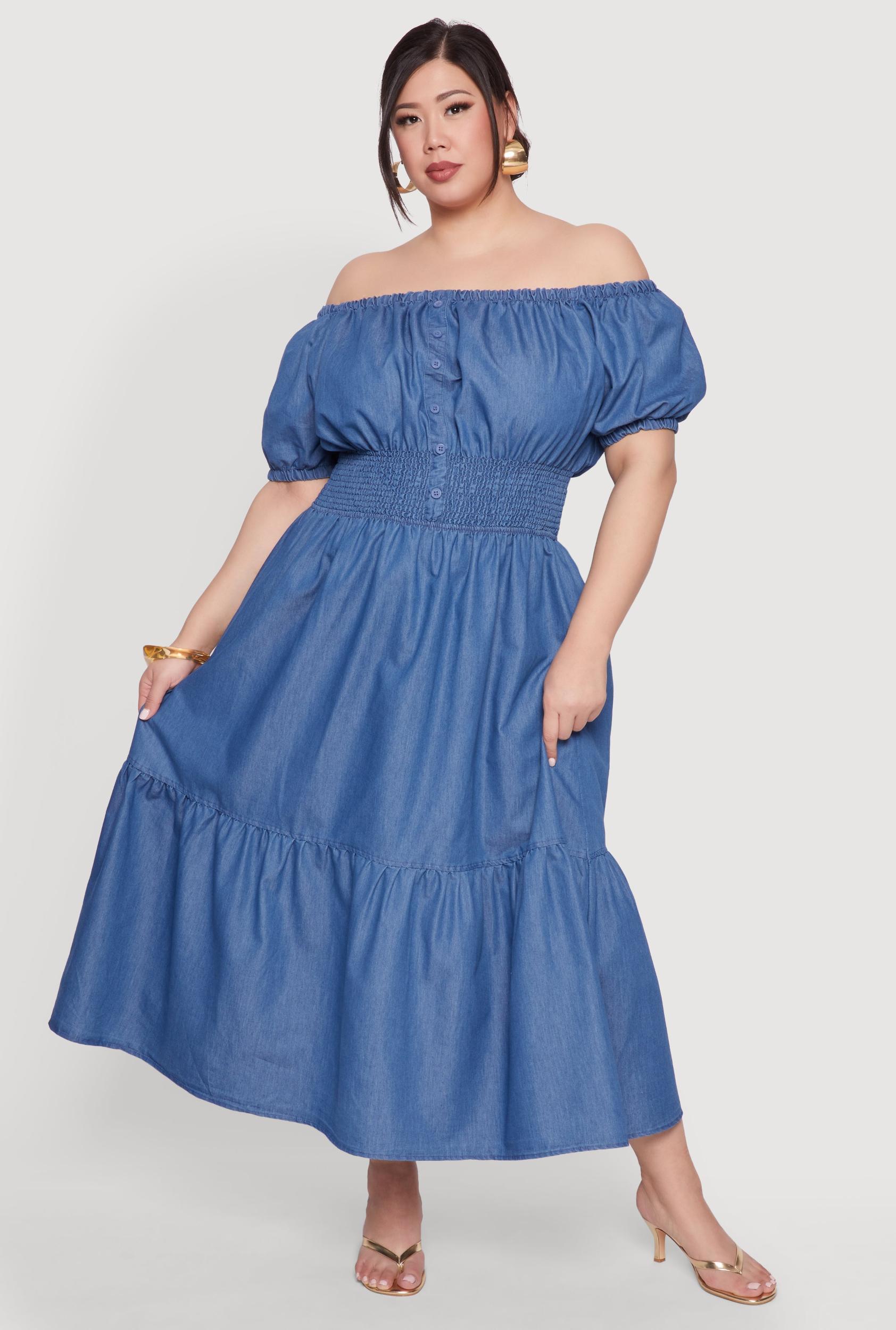 Womens Plus Size Chambray Off The Shoulder Tiered Dress Product Image