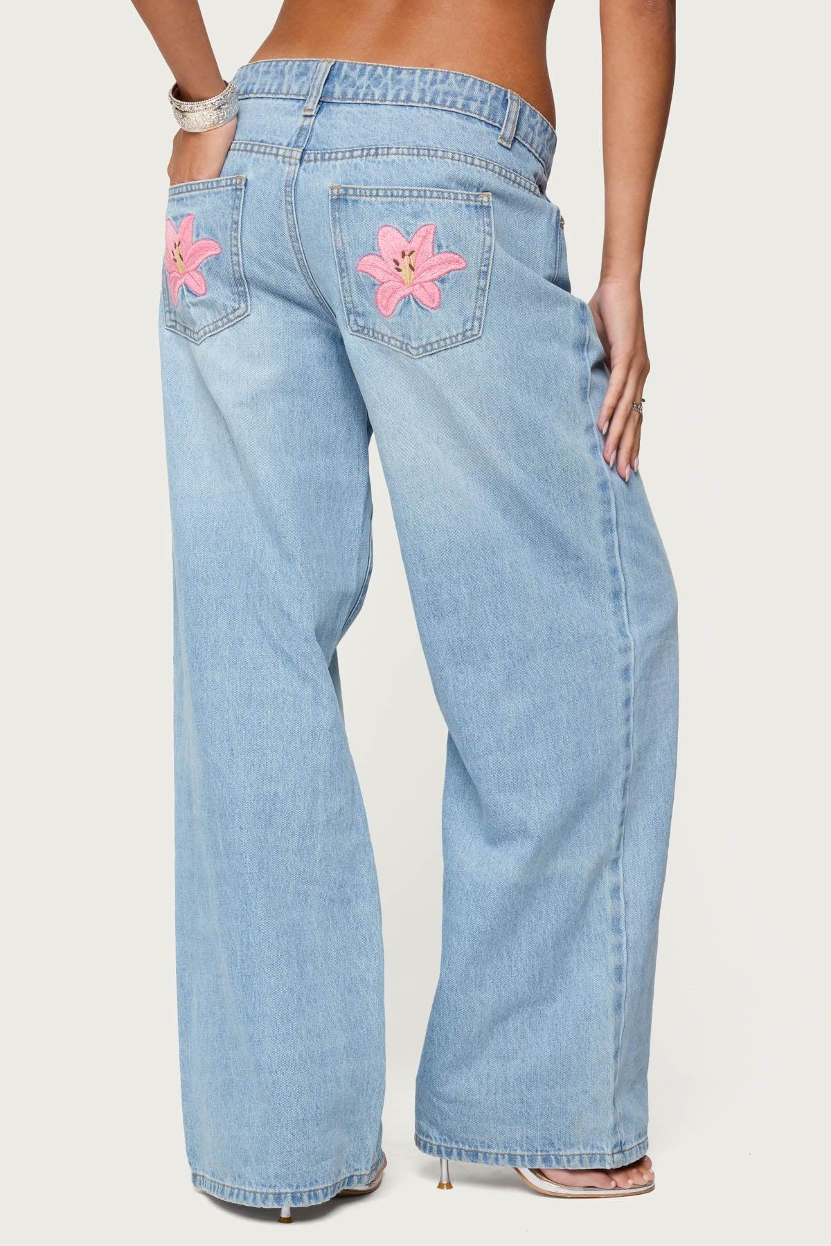 Mirra Embroidered Flower Low Rise Jeans Product Image
