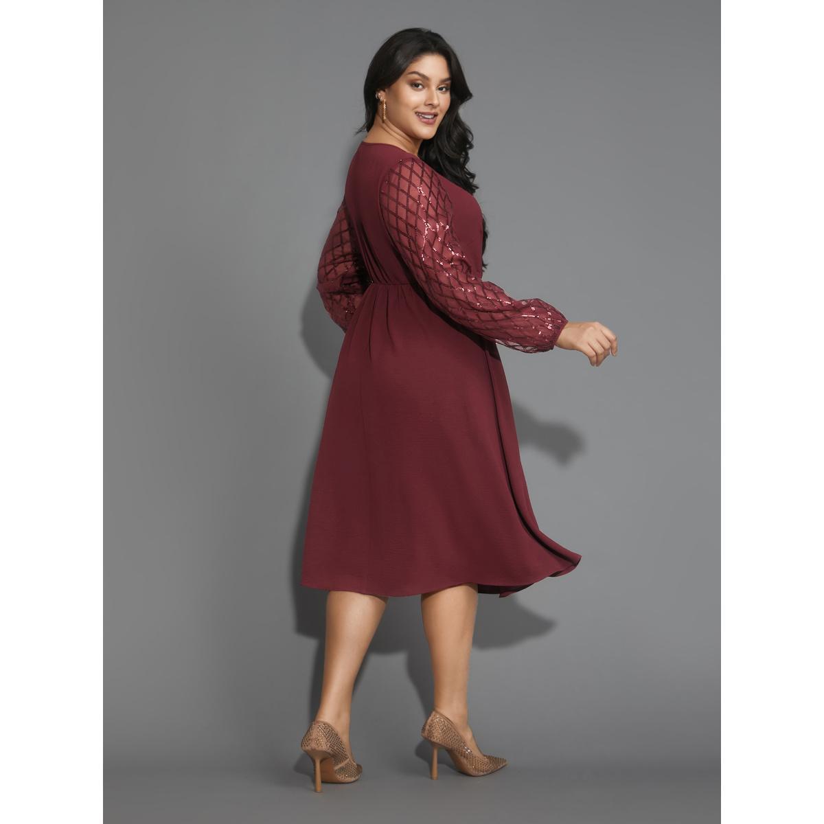 Plus Size Texture Sequin Mesh Patchwork Belted Dress Burgundy Women Cocktail Texture Round Neck Long Sleeve Curvy BloomChic 22-24/3X Product Image