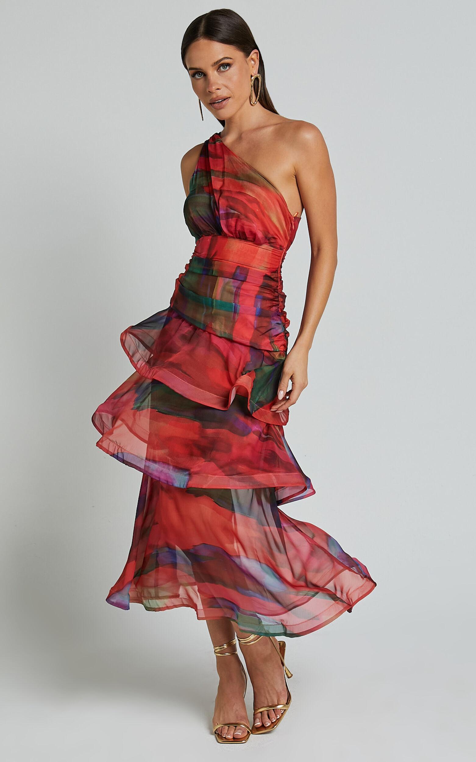Chelsea Midi Dress - One Shoulder Tie Strap Layered Dress in Print Product Image