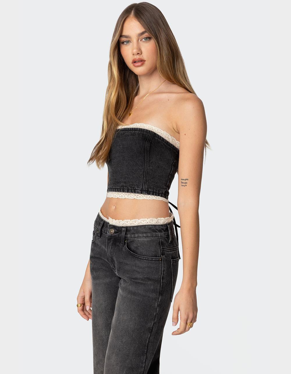 EDIKTED Karlie Lace Trim Denim Tube Top Product Image