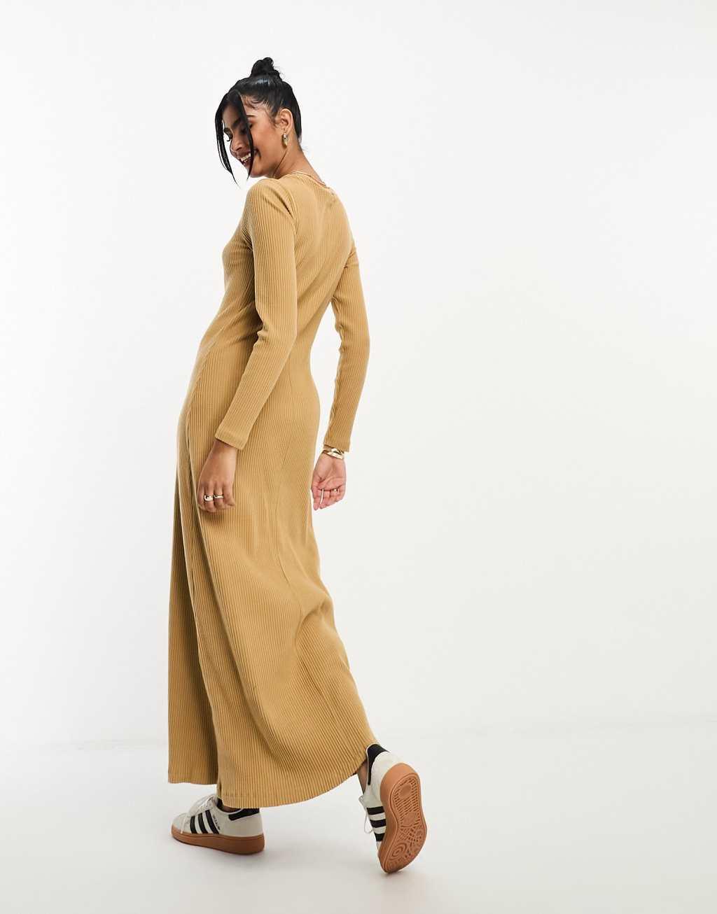 ASOS DESIGN super soft ribbed crew neck midi dress with long sleeve Product Image