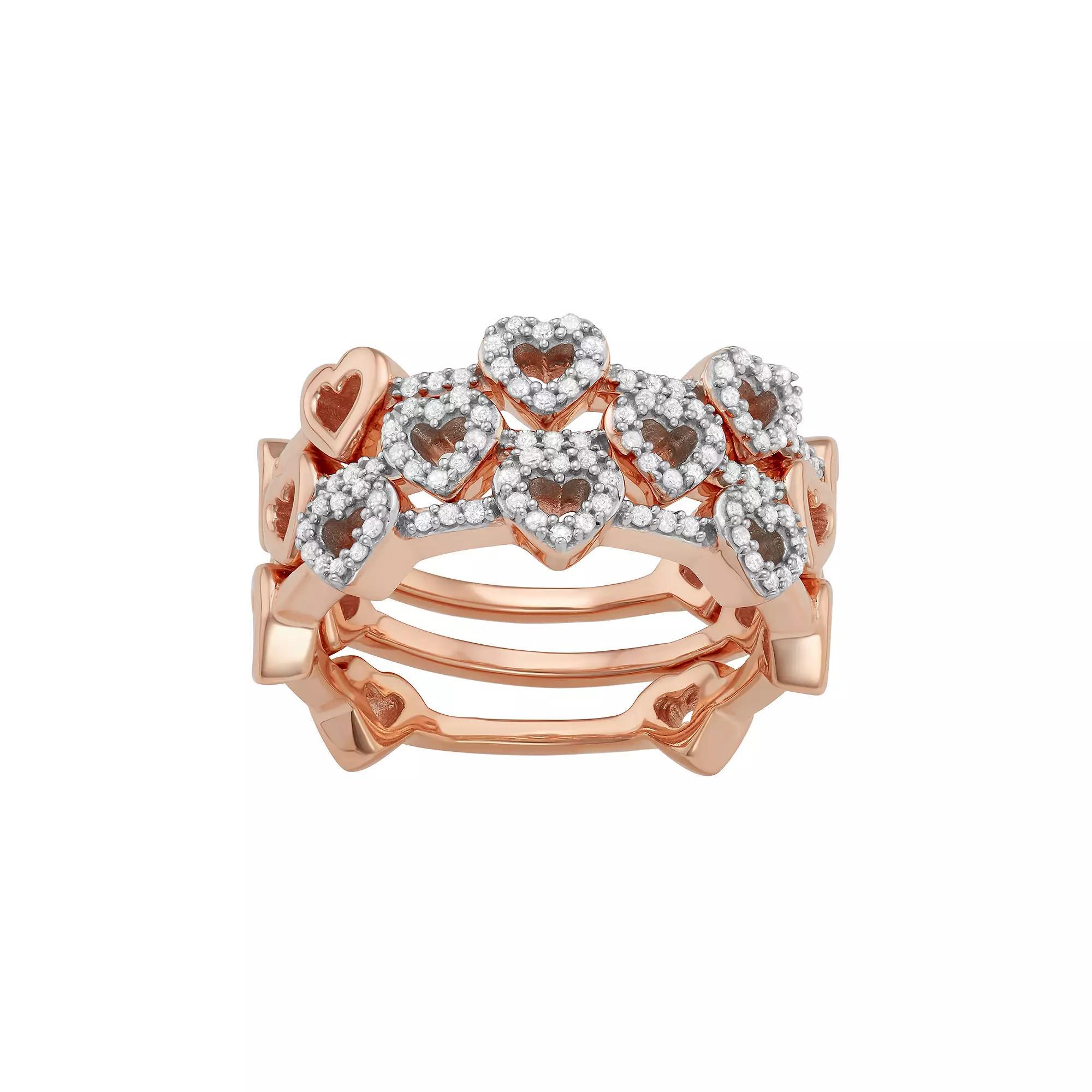 Jewelexcess Sterling Silver 1/3 Carat T.W. Diamond Heart Stack Ring Set, Women's, Size: 8, Rose Gold Tone Product Image