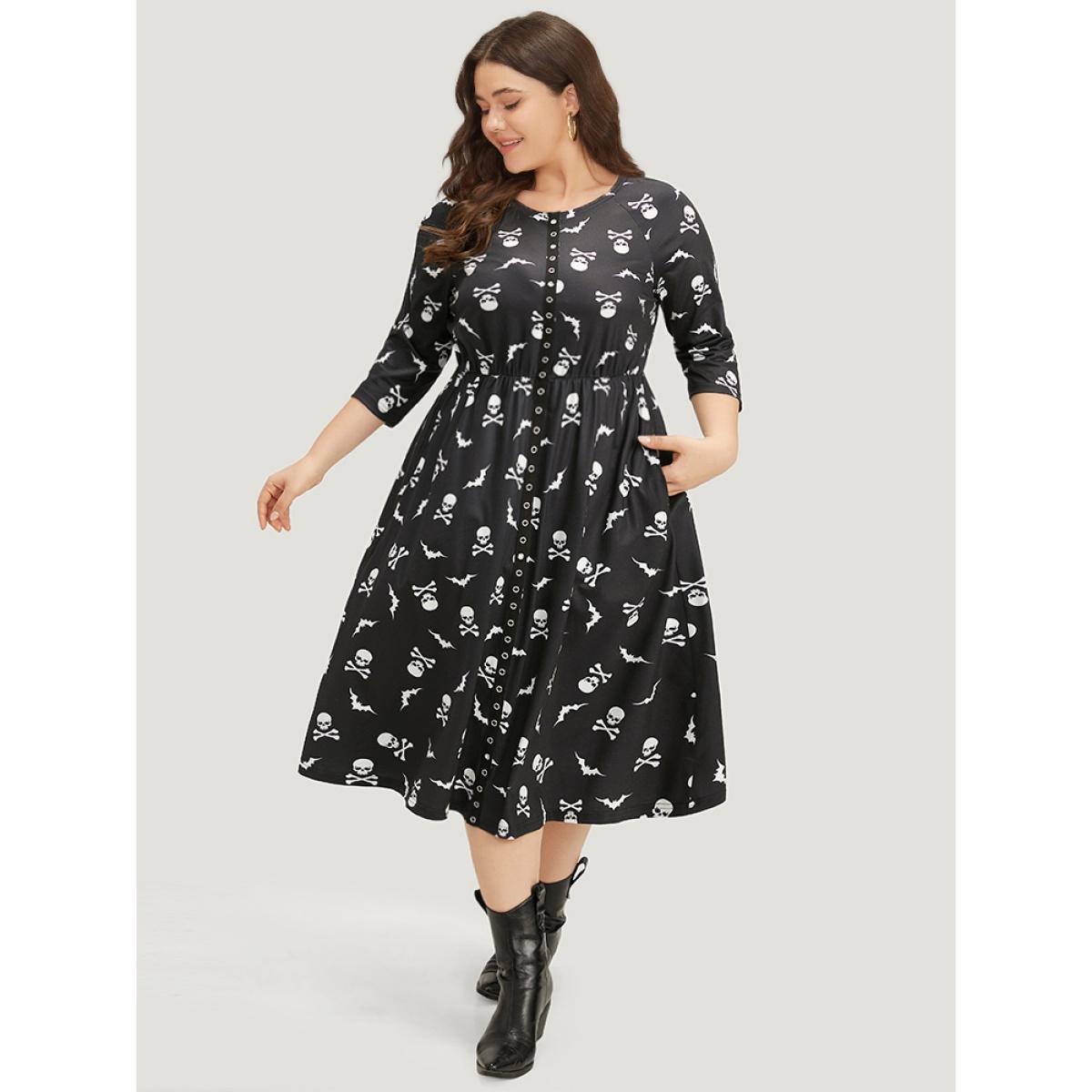 Plus Size Halloween Skull Print Pocket Button Through Dress Black Women Casual Cross straps Round Neck Elbow-length sleeve Curvy Midi Dress BloomChic 18-20/2X Product Image