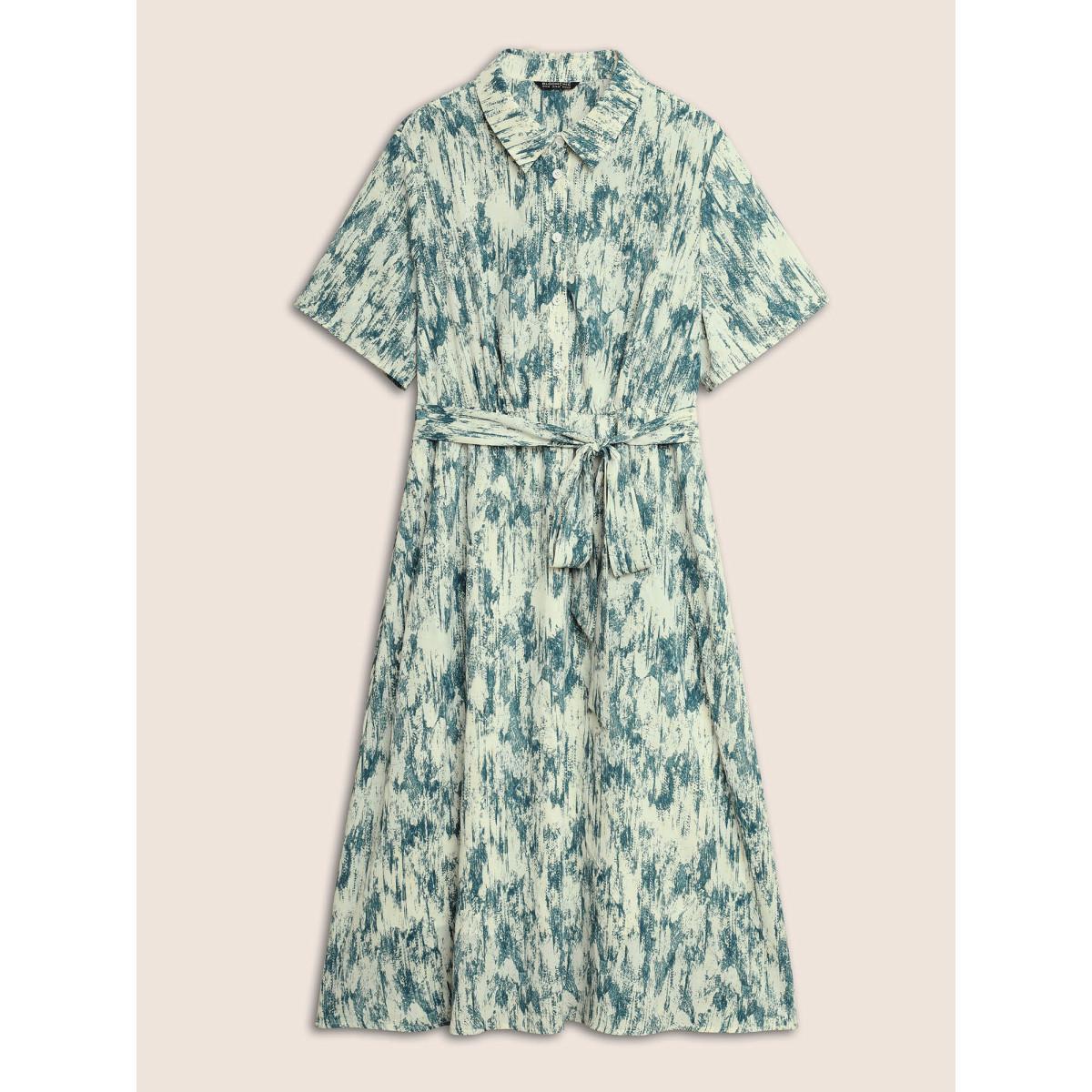 Plus Size Gradient Dyeing Print Shirt Collar Belted Dress Mediumblue Women At the Office Shirt collar Short sleeve Curvy BloomChic 30/6X Product Image