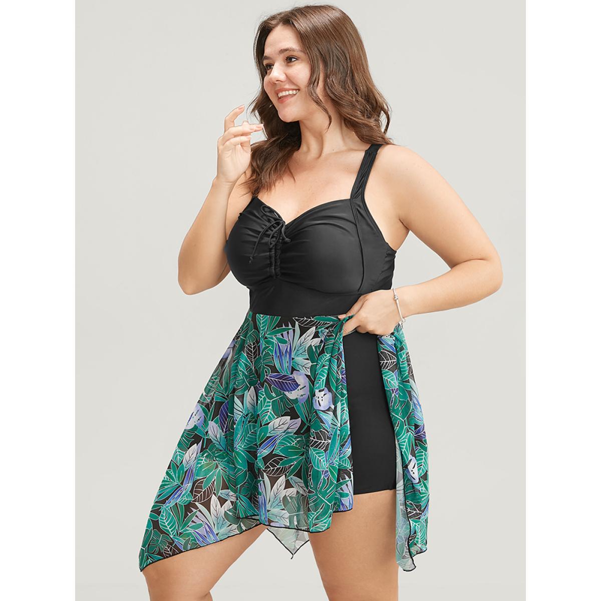 Mesh Adjustable Straps Plus Size Women Tropical Swim Dress Very Stretchy Bodycon Sleeveless V Neck Vacation Swim Dresses BloomChic Product Image