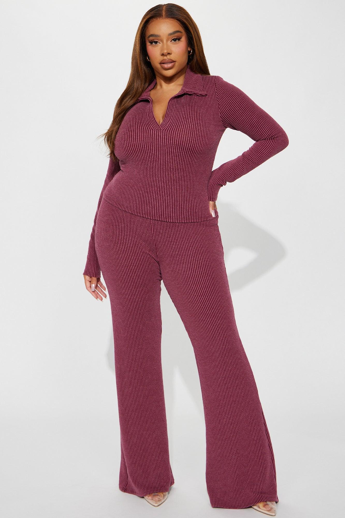 Josie Ribbed Long Sleeve Set - Burgundy Product Image
