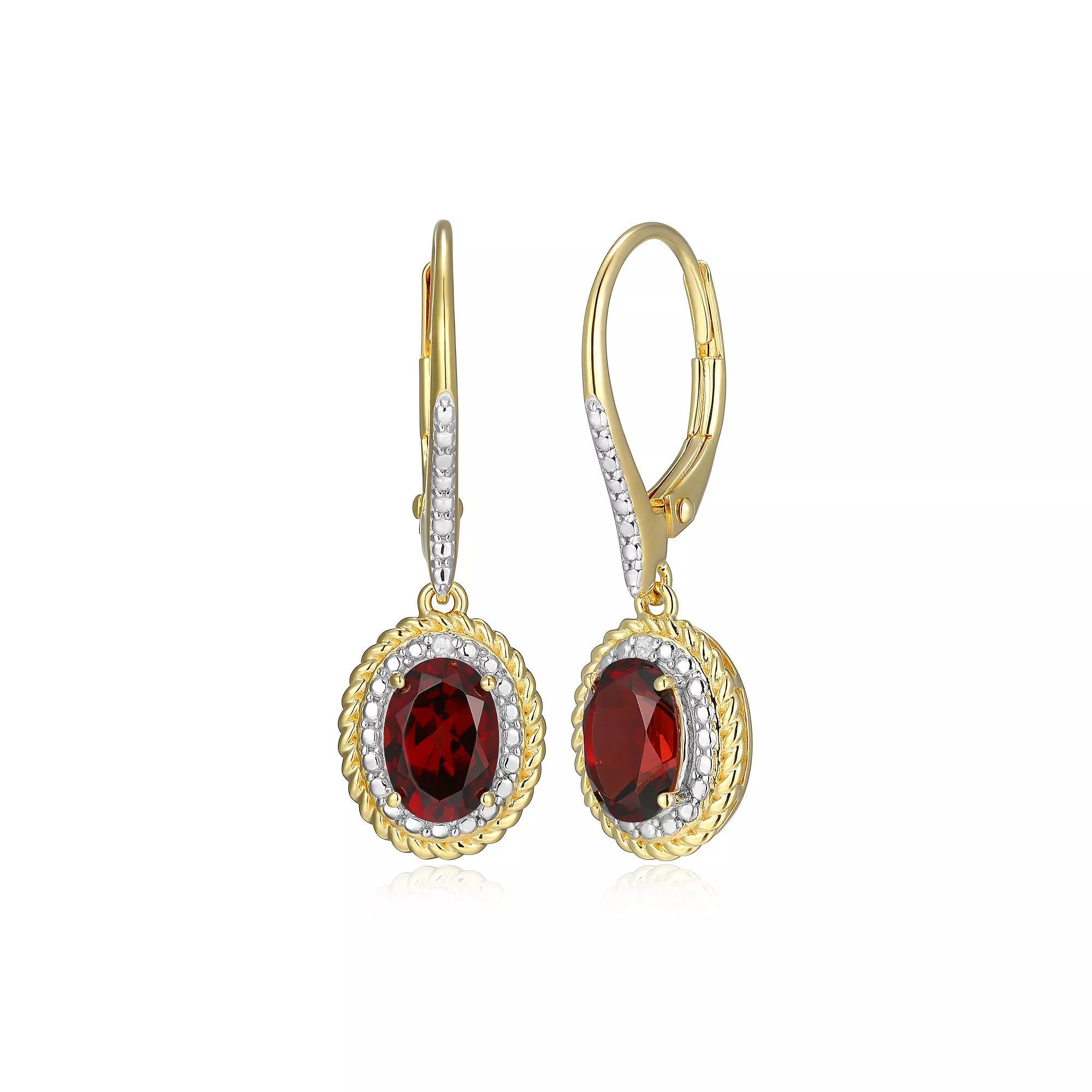 18k Gold Plated Sterling Silver Gemstone & Diamond Accent Halo Leverback Earrings, Women's, January Gen Red Product Image