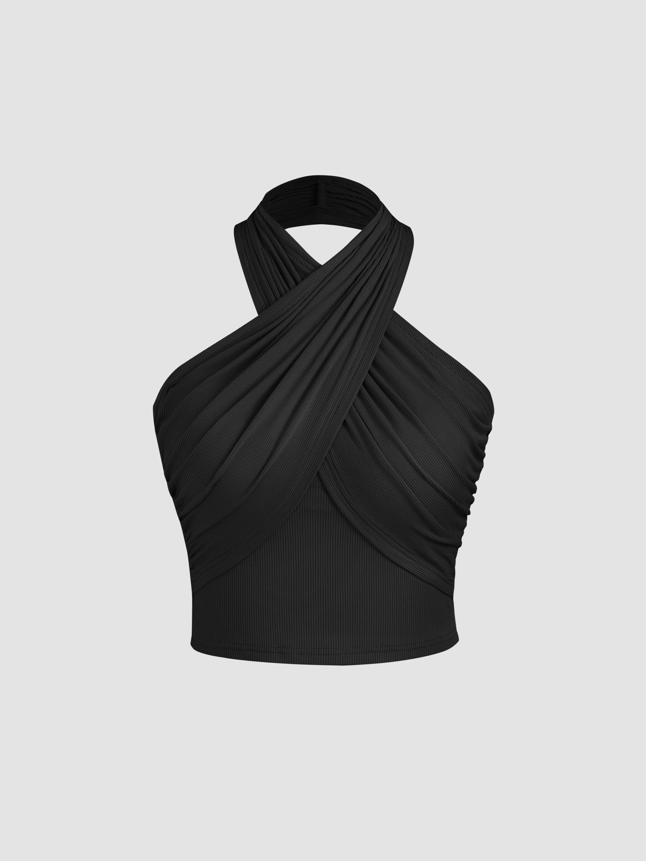 Knit Fabric Solid Criss Cross Halter Ruched Crop Top For Holiday Product Image