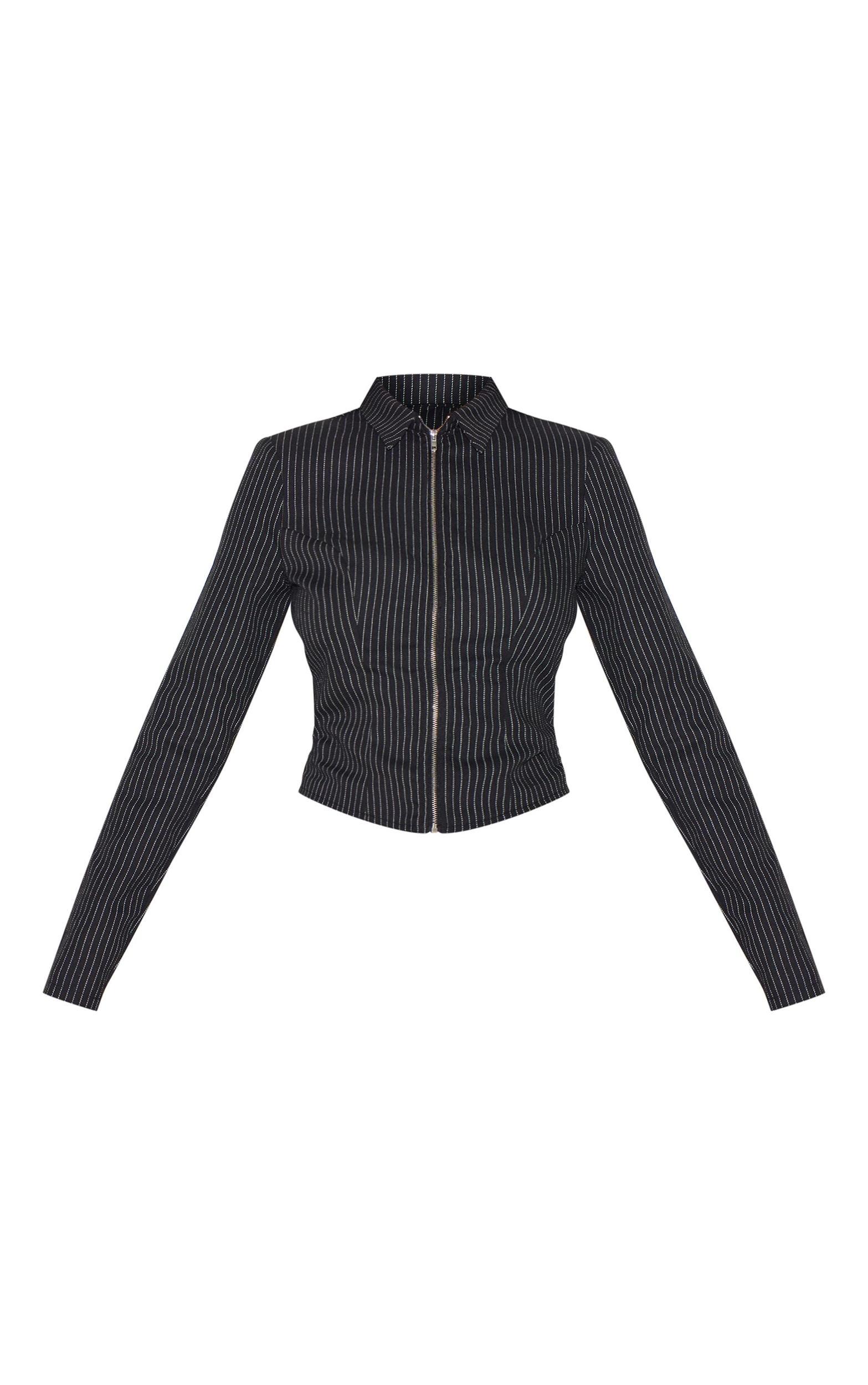 Black Woven Tailored Pinstripe Ruched Zip Up Top Product Image