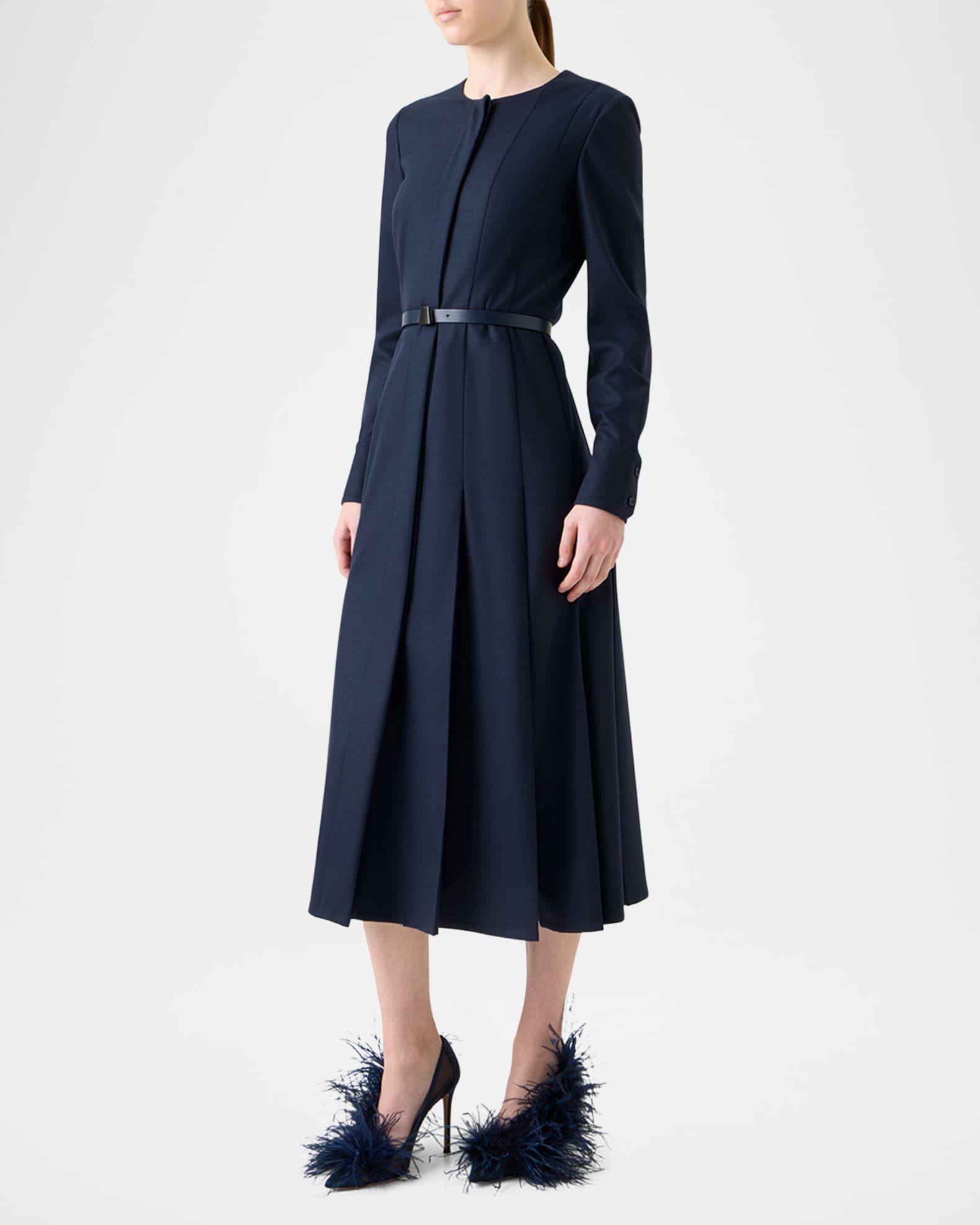 Pleated Wool Stretch Flannel Midi Dress With Belt Product Image
