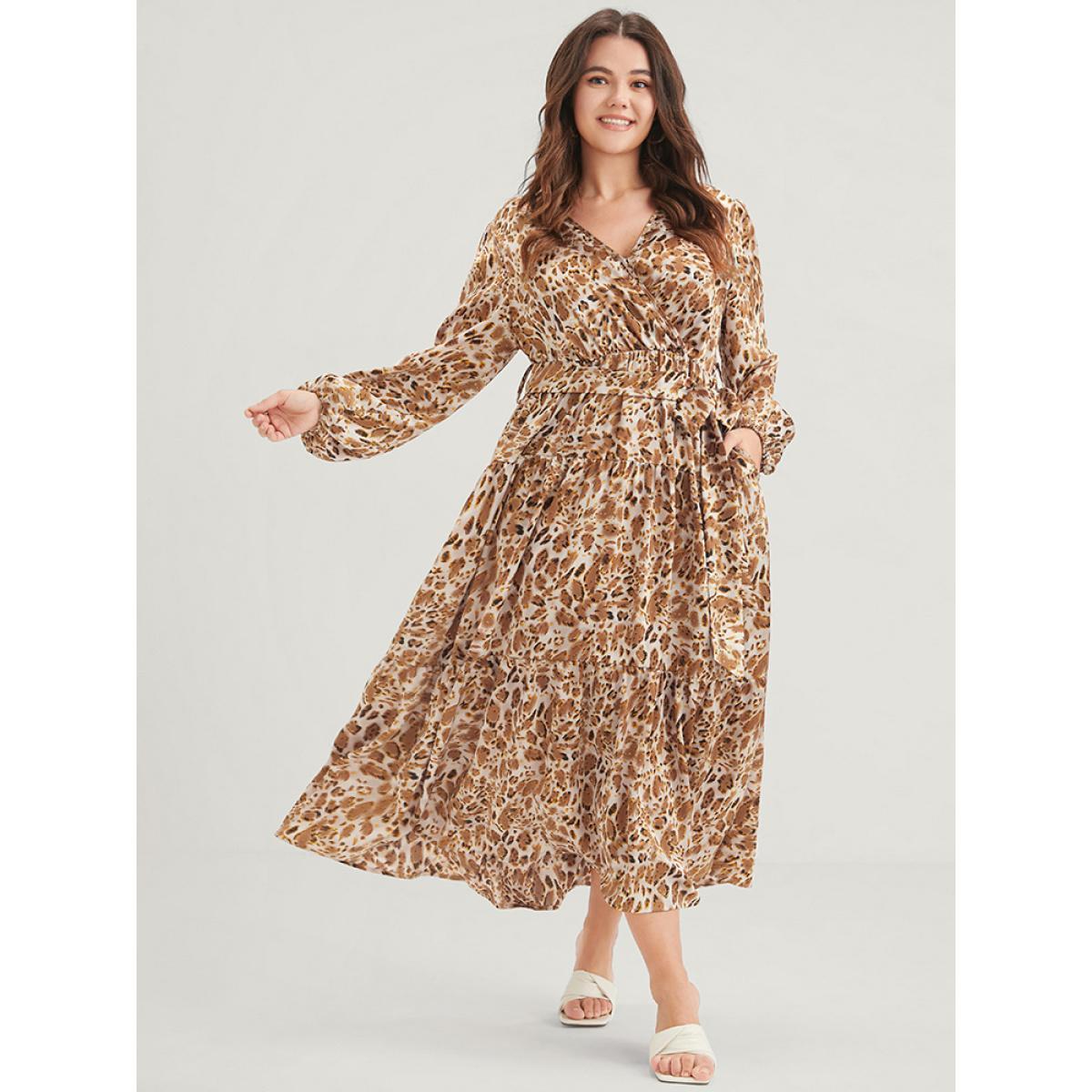 Plus Size Leopard Pocket Surplice Neck Lantern Sleeve Ruffles Belted Maxi Dress Leopard Women Elegant Printed Long Sleeve Curvy Long Dress BloomChic 18-20/2X Product Image