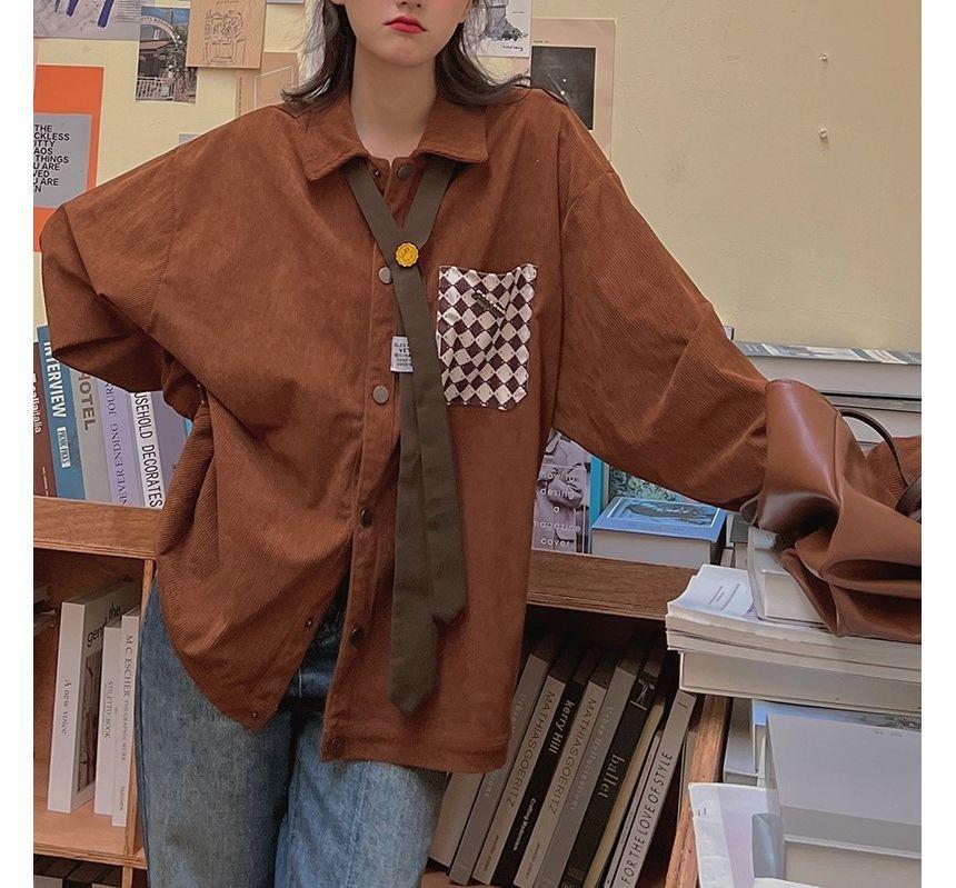 Long-Sleeve Checkerboard Panel Corduroy Shirt Product Image