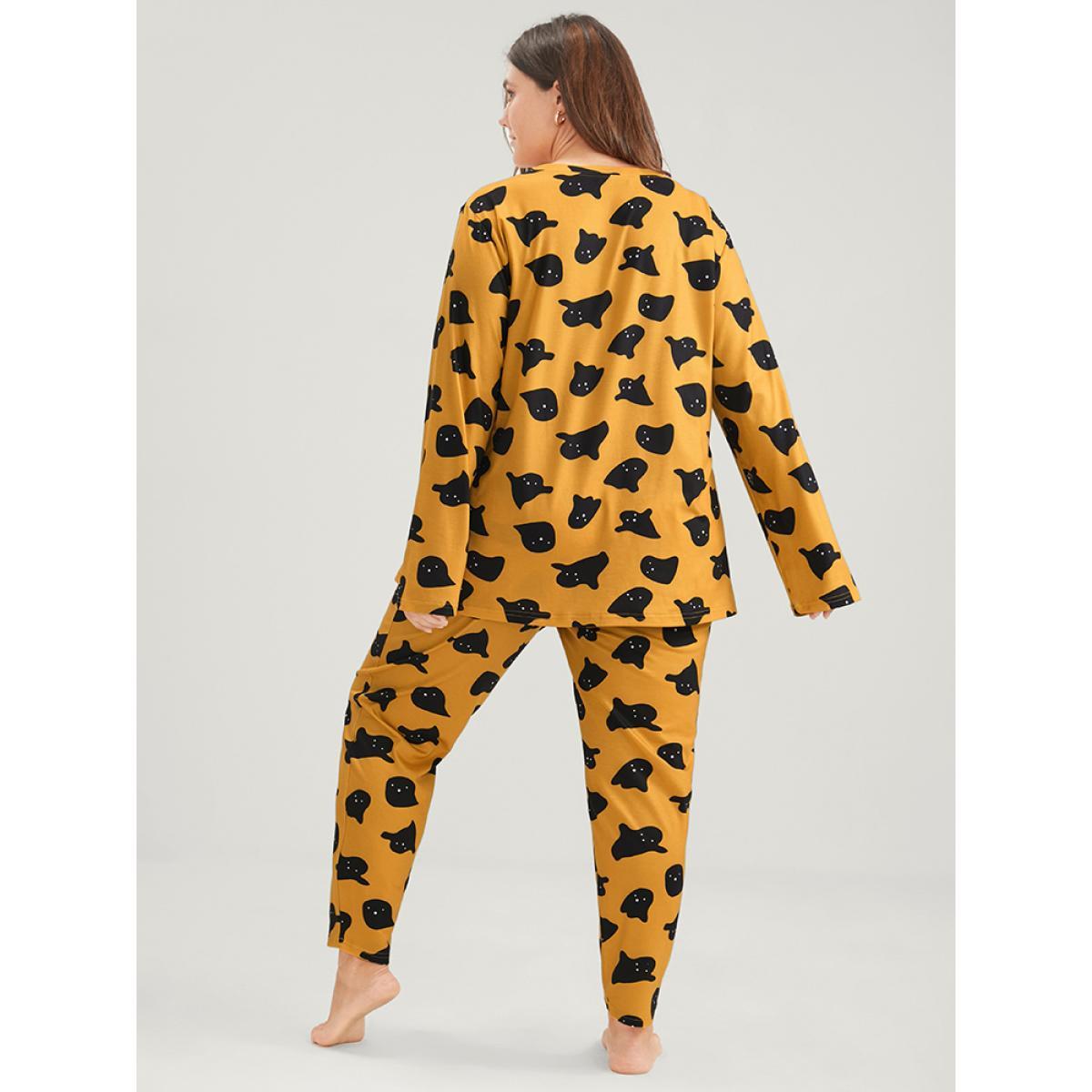 Plus Size Halloween Ghost Print Pajama Set Women Orange Graphic-Halloween Printed Long Sleeve Round Neck Casual Loungewear Sets BloomChic 30/6X Product Image