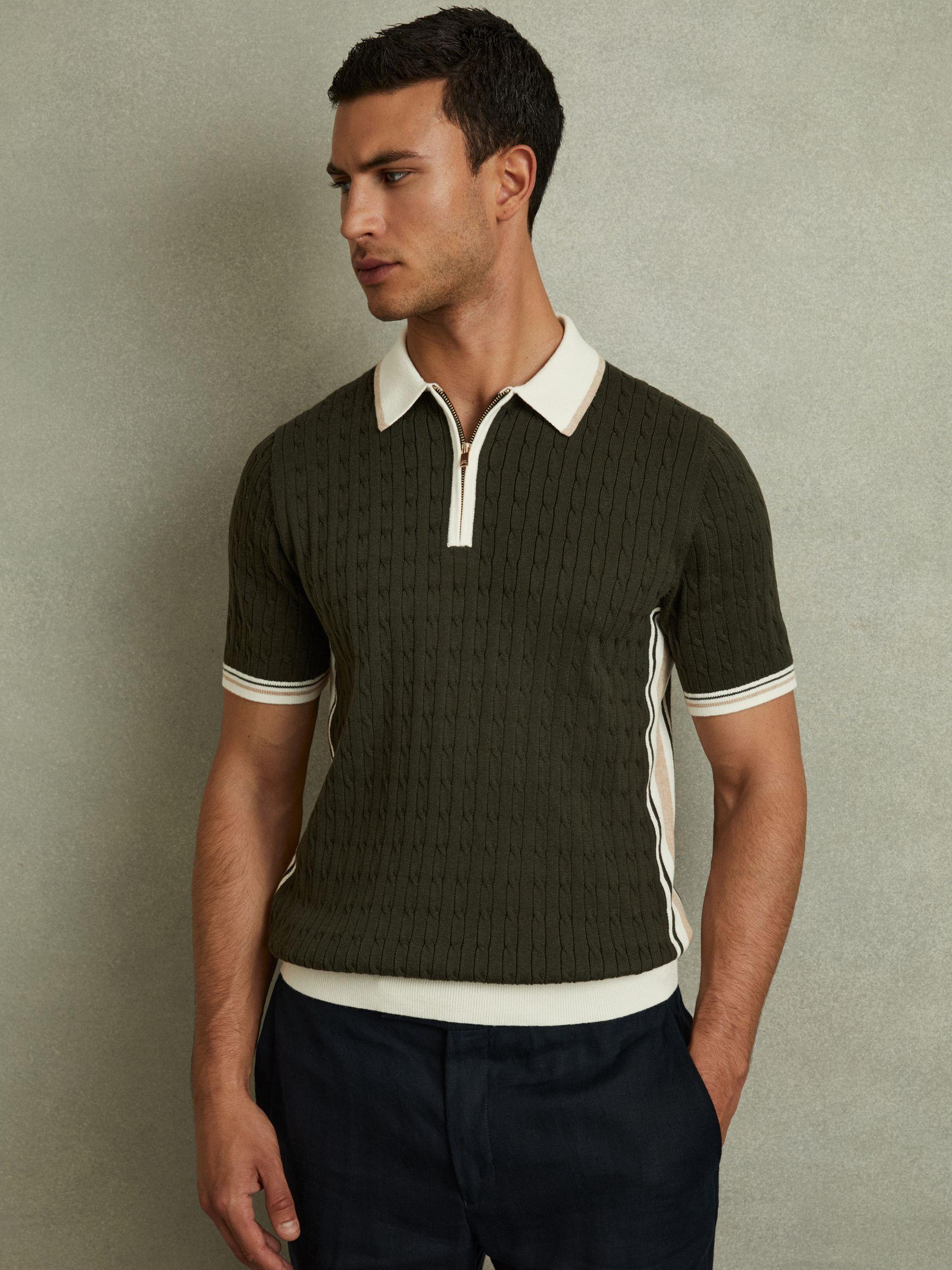Cotton Blend Cable Knit Half-Zip Polo Shirt in Khaki Green/Off White/Camel Product Image