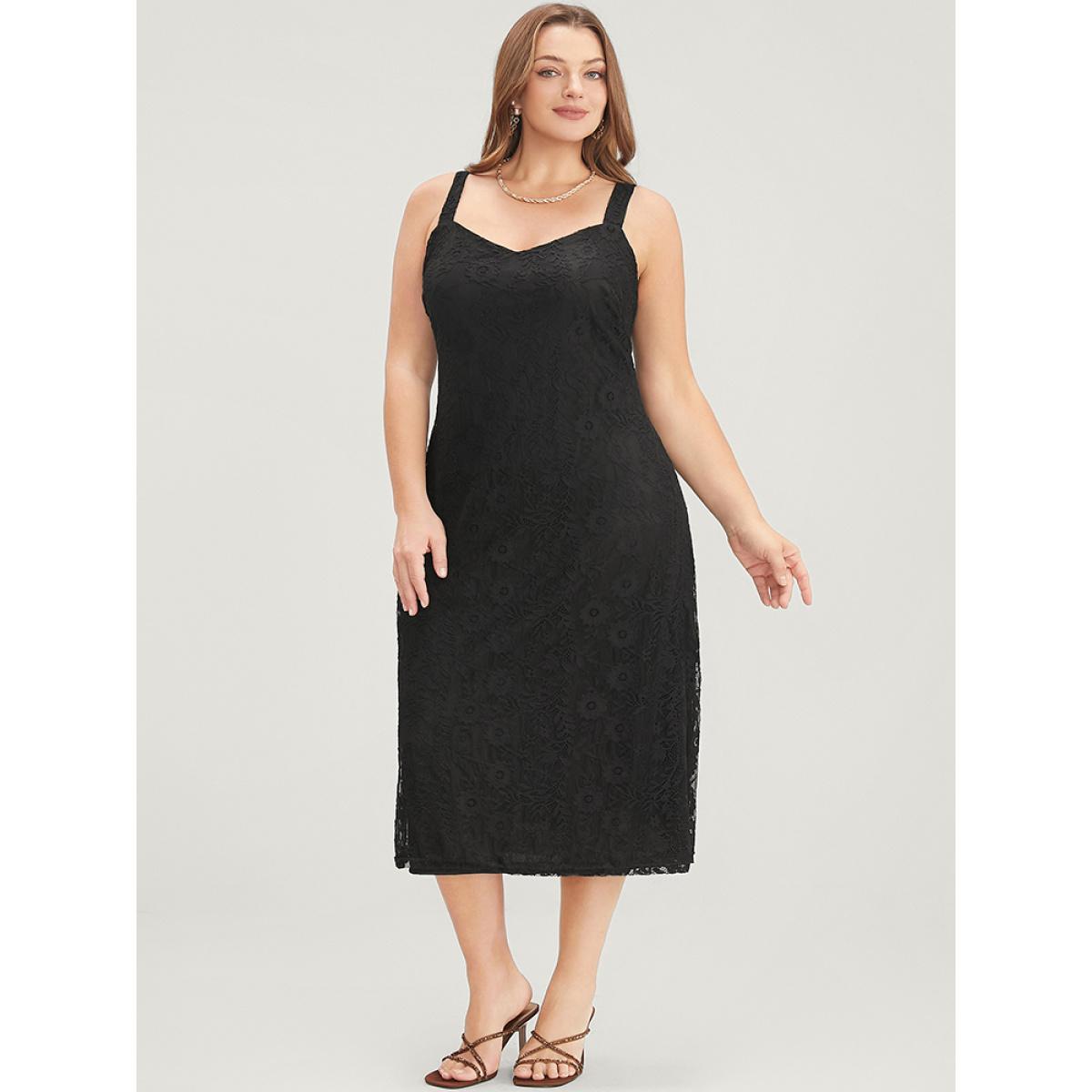 Plus Size Solid Crochet Lace Split Hem Cami Dress Black Women Glamour Spaghetti Strap Sleeveless Curvy Midi Dress BloomChic 28/5X Product Image