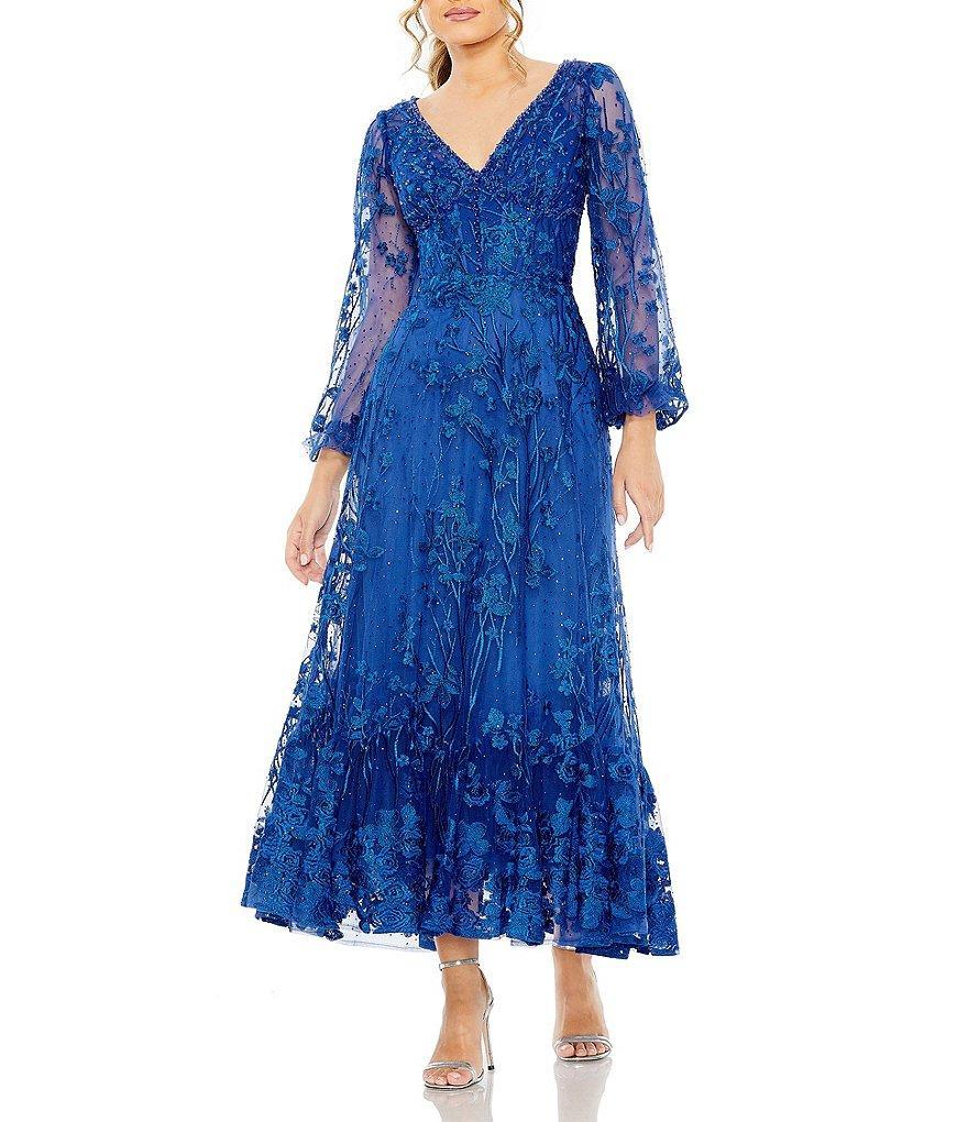 Mac Duggal Floral Embellished Long Puff Sleeve V-Neck Dress Product Image